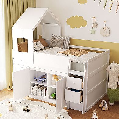 Pnronnc Wooden Frame House Bed Twin Size Wooden Loft Bed with Pull-out Desk, Drawers, Cabinets