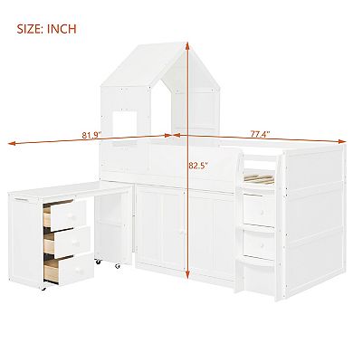 Pnronnc Wooden Frame House Bed Twin Size Wooden Loft Bed with Pull-out Desk, Drawers, Cabinets