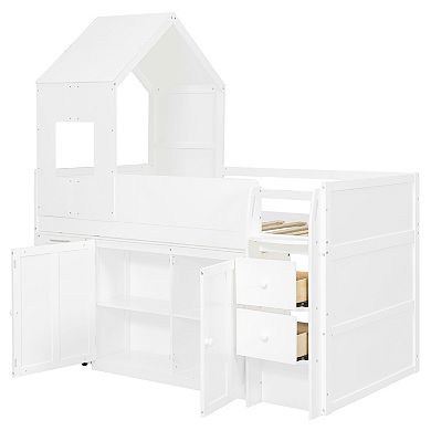 Pnronnc Wooden Frame House Bed Twin Size Wooden Loft Bed with Pull-out Desk, Drawers, Cabinets