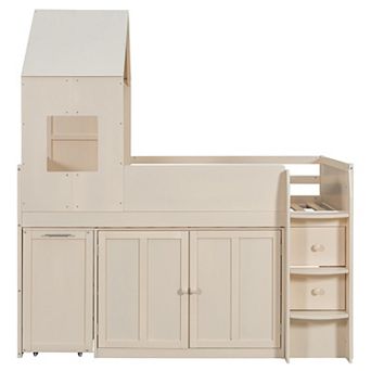 Pnronnc Wooden Frame House Bed Twin Size Wooden Loft Bed with Pull-out Desk, Drawers, Cabinets
