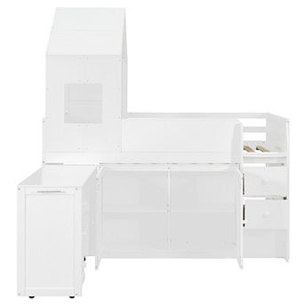 Pnronnc Wooden Frame House Bed Twin Size Wooden Loft Bed with Pull-out Desk, Drawers, Cabinets