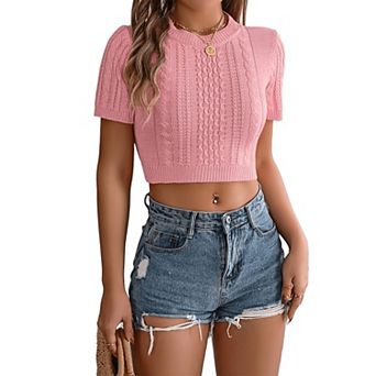 Women Short Sleeve Knit Crop Sweater Top
