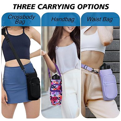 Water Bottle Carrier Strap Neoprene Sleeve Bag Pockets Sling Holder Walking Hiking Gym