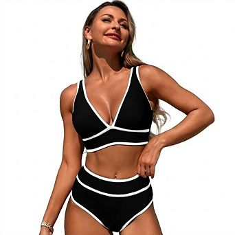 Women's Bikini Sets Two Piece Swimsuit V Neck High Waisted Color Block Bathing Suits