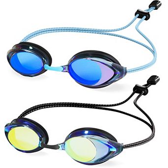 2 pc Racing Swim Goggles Adult 180° Panoramic Bungee Strap No Leak