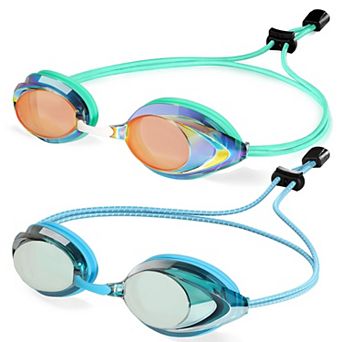 2 pc Racing Swim Goggles Adult 180° Panoramic Bungee Strap No Leak