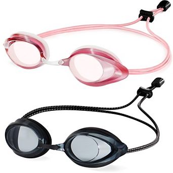 2 pc Racing Swim Goggles Adult 180° Panoramic Bungee Strap No Leak
