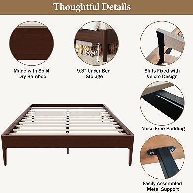 Pnronnc Open Bed Solid Dry Bamboo Wood Platform Bed Frame wWood Slat Metal Support, Low Profile Bed