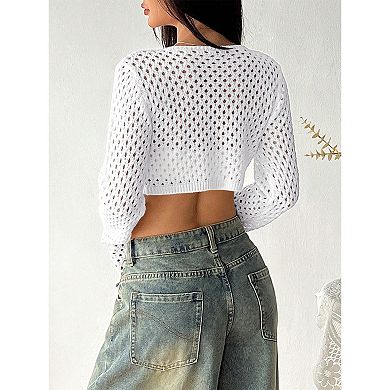 Women Hollow Out Knit Cardigan Tie Front Lightweight Cover Up