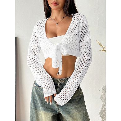 Women Hollow Out Knit Cardigan Tie Front Lightweight Cover Up