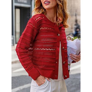 Women Crochet Cardigan Sweater Button Down Long Sleeve Top