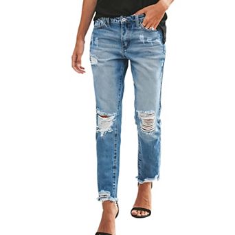 Womens Ripped Mid Waisted Stretchy Denim Pants Y2K Boyfriend Loose Fit Distressed Jeans