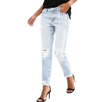 Womens Ripped Mid Waisted Stretchy Denim Pants Y2K Boyfriend Loose Fit Distressed Jeans
