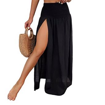 Women's Beach Cover Skirt Smocked High Waist Side Slit Flowy Maxi Summer Vacation Swimsuit Cover Up