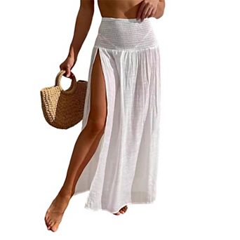 Women's Beach Cover Skirt Smocked High Waist Side Slit Flowy Maxi Summer Vacation Swimsuit Cover Up