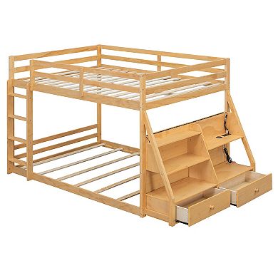 Pnronnc Storage Bunk Bed Full Size Floor Bed with APP LED Lights, USB Ports, Side Storage, Drawers