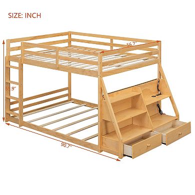 Pnronnc Storage Bunk Bed Full Size Floor Bed with APP LED Lights, USB Ports, Side Storage, Drawers