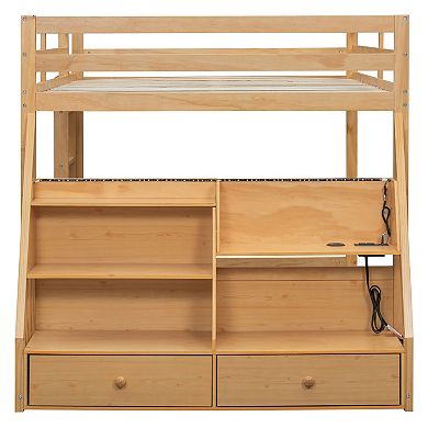 Pnronnc Storage Bunk Bed Full Size Floor Bed with APP LED Lights, USB Ports, Side Storage, Drawers