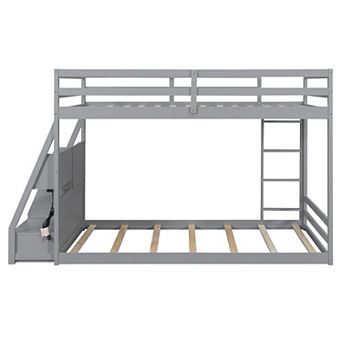 Pnronnc Storage Bunk Bed Full Size Floor Bed with APP LED Lights, USB Ports, Side Storage, Drawers