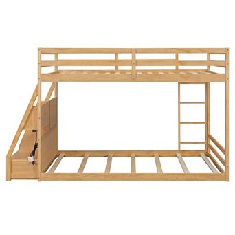 Pnronnc Storage Bunk Bed Full Size Floor Bed with APP LED Lights, USB Ports, Side Storage, Drawers
