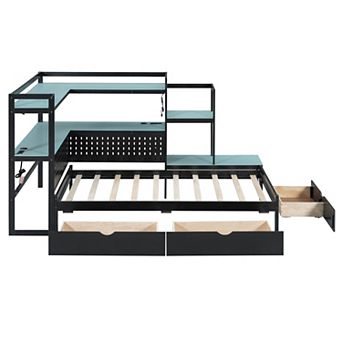 Pnronnc Twin Size Gaming Daybed Wooden Bed with 3 Drawers, Built-in Charging Station, Desk, LED