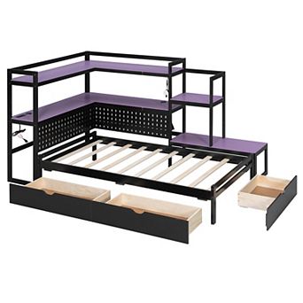Pnronnc Twin Size Gaming Daybed Wooden Bed with 3 Drawers, Built-in Charging Station, Desk, LED