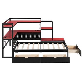 Pnronnc Twin Size Gaming Daybed Wooden Bed with 3 Drawers, Built-in Charging Station, Desk, LED