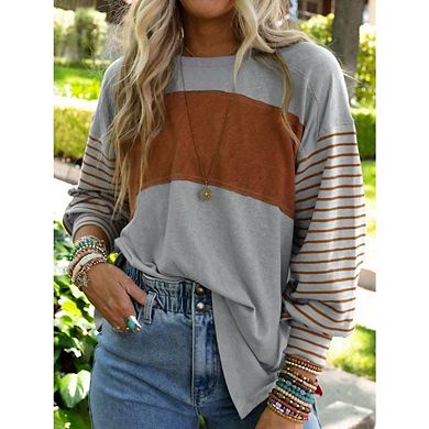 Womens Crewneck Shirts Long Sleeve Trendy Y2K Casual Color Block Striped Pullover Top