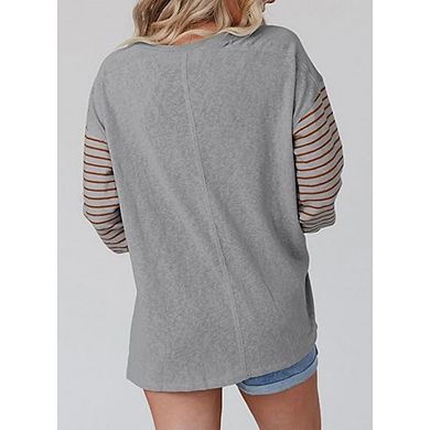 Womens Crewneck Shirts Long Sleeve Trendy Y2K Casual Color Block Striped Pullover Top