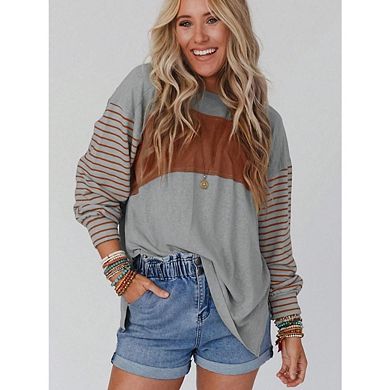 Womens Crewneck Shirts Long Sleeve Trendy Y2K Casual Color Block Striped Pullover Top