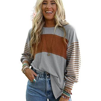Womens Crewneck Shirts Long Sleeve Trendy Y2K Casual Color Block Striped Pullover Top