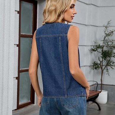 Women's Sleeveless Denim Vest V Neck Button Down Washed Jean Top
