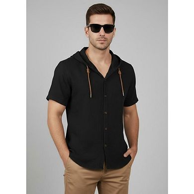 Men's Cotton Linen Shirts Short Sleeve Casual Button Down Drawstring Hoodies Summer Hawaiian Top