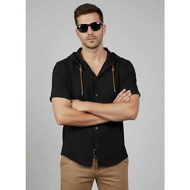 Men's Cotton Linen Shirts Short Sleeve Casual Button Down Drawstring Hoodies Summer Hawaiian Top