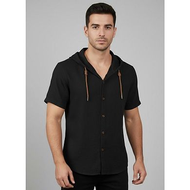 Men's Cotton Linen Shirts Short Sleeve Casual Button Down Drawstring Hoodies Summer Hawaiian Top