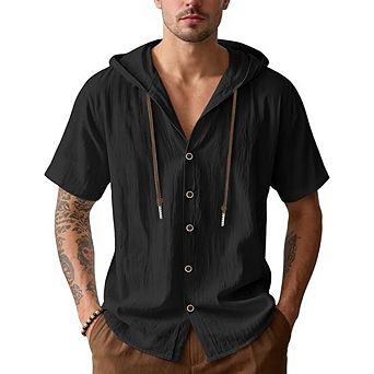Men's Cotton Linen Shirts Short Sleeve Casual Button Down Drawstring Hoodies Summer Hawaiian Top