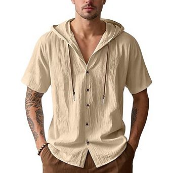 Men's Cotton Linen Shirts Short Sleeve Casual Button Down Drawstring Hoodies Summer Hawaiian Top