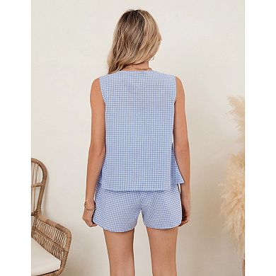 Women Button Down Vest Top and Shorts 2 Piece Beach Matching Sets