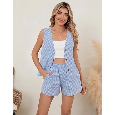 Women Button Down Vest Top and Shorts 2 Piece Beach Matching Sets