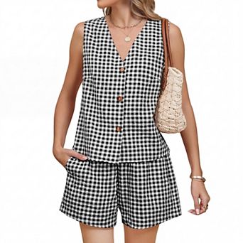 Women Button Down Vest Top and Shorts 2 pc Beach Matching Sets