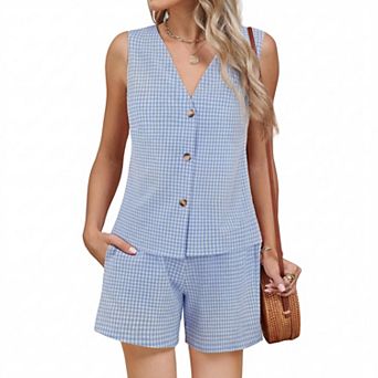 Women Button Down Vest Top and Shorts 2 pc Beach Matching Sets