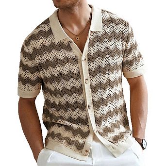 Men's Jacquard Wavy Polo Shirt Short Sleeve Crochet Hollow Out Breathable Casual Summer Outfit