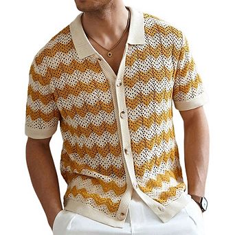 Men's Jacquard Wavy Polo Shirt Short Sleeve Crochet Hollow Out Breathable Casual Summer Outfit