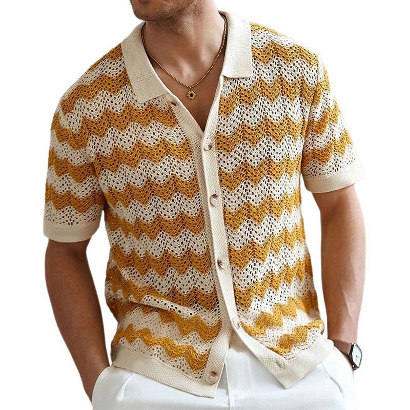 Men's Jacquard Wavy Polo Shirt Short Sleeve Crochet Hollow Out
