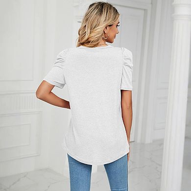 Women Short Puff Sleeve Top Crewneck Casual Shirt