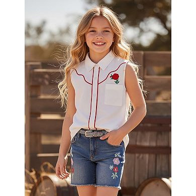 Girls' Sleeveless Western Shirt with Rose Embroidery Casual Button-Down Collared Top