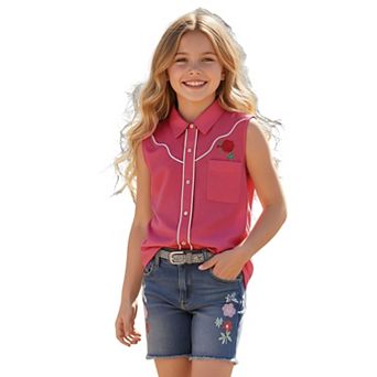 Girls' Sleeveless Western Shirt with Rose Embroidery Casual Button-Down Collared Top