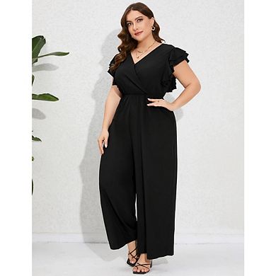 Women Plus Size Ruffle Cap Sleeve V Wrap Neck Wide Leg Pants One Piece Jumpsuit