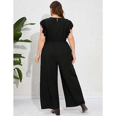 Women Plus Size Ruffle Cap Sleeve V Wrap Neck Wide Leg Pants One Piece Jumpsuit