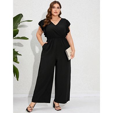 Women Plus Size Ruffle Cap Sleeve V Wrap Neck Wide Leg Pants One Piece Jumpsuit